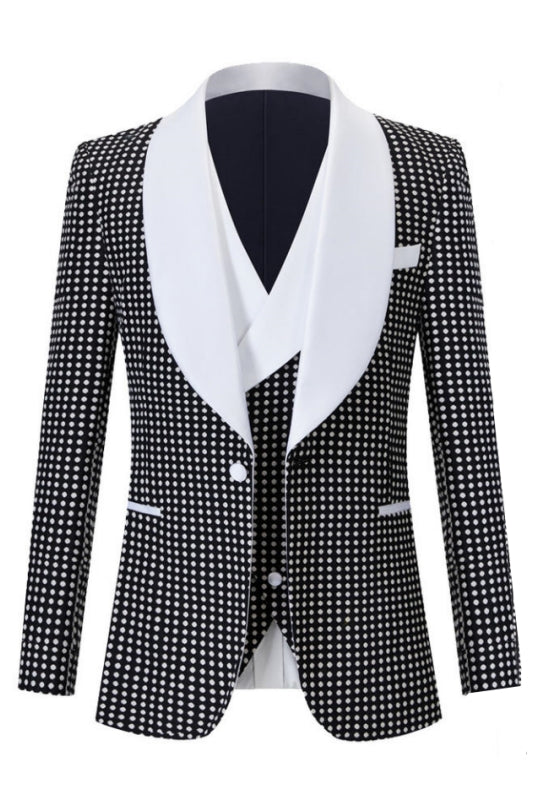 Shawl Lapel Three Pieces Black Wedding Suits With White Dot