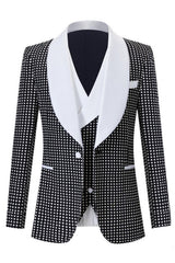 Shawl Lapel Three Pieces Black Wedding Suits With White Dot
