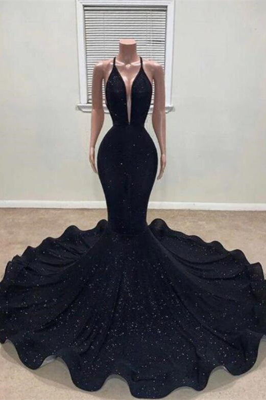 Black Sleeveless Deep V Neck Long Mermaid Halter Prom Dress With Sequins