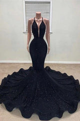 Black Sleeveless Deep V Neck Long Mermaid Halter Prom Dress With Sequins