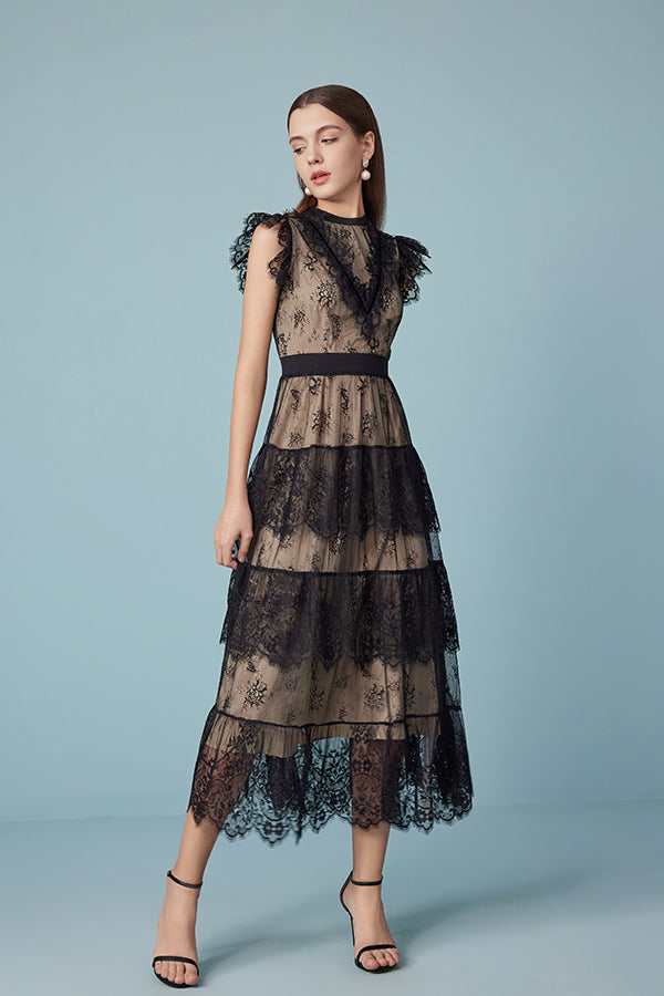 27Dress Black Sleeveless Lace Long Dresses with Sash