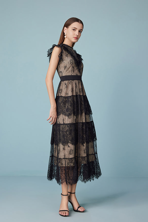 27Dress Black Sleeveless Lace Long Dresses with Sash