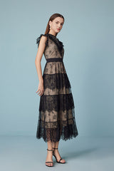 27Dress Black Sleeveless Lace Long Dresses with Sash