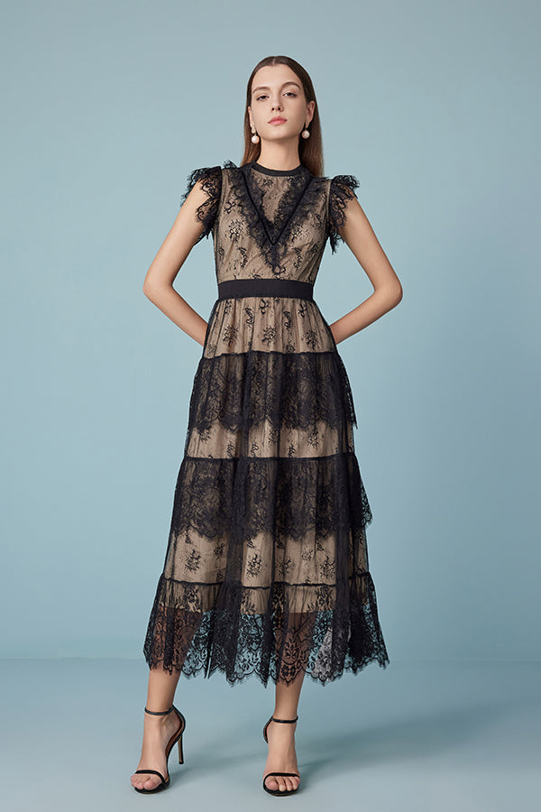 27Dress Black Sleeveless Lace Long Dresses with Sash
