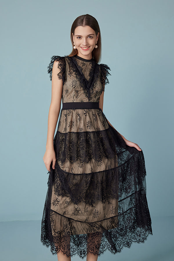 27Dress Black Sleeveless Lace Long Dresses with Sash