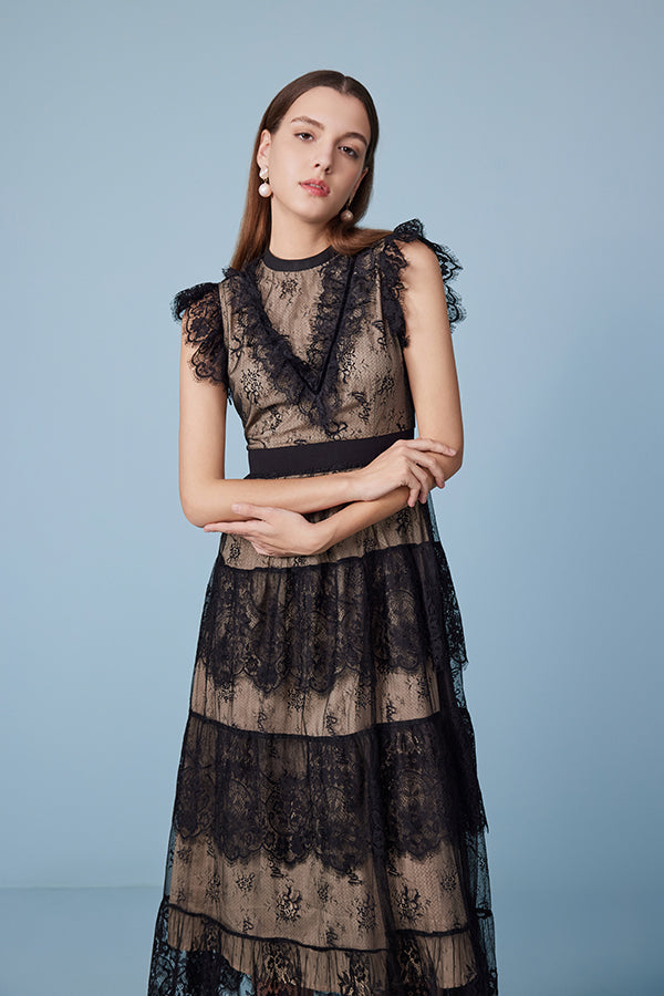 27Dress Black Sleeveless Lace Long Dresses with Sash