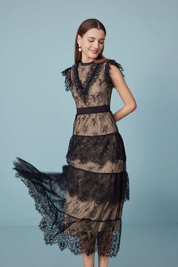 27Dress Black Sleeveless Lace Long Dresses with Sash