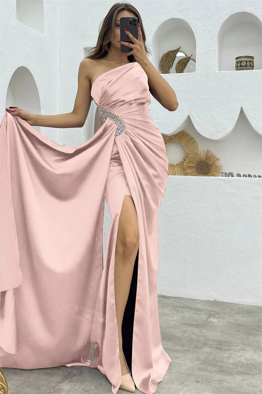 Black Sleeveless One Shoulder Long Split Pleated Prom Dress With Rhinestone