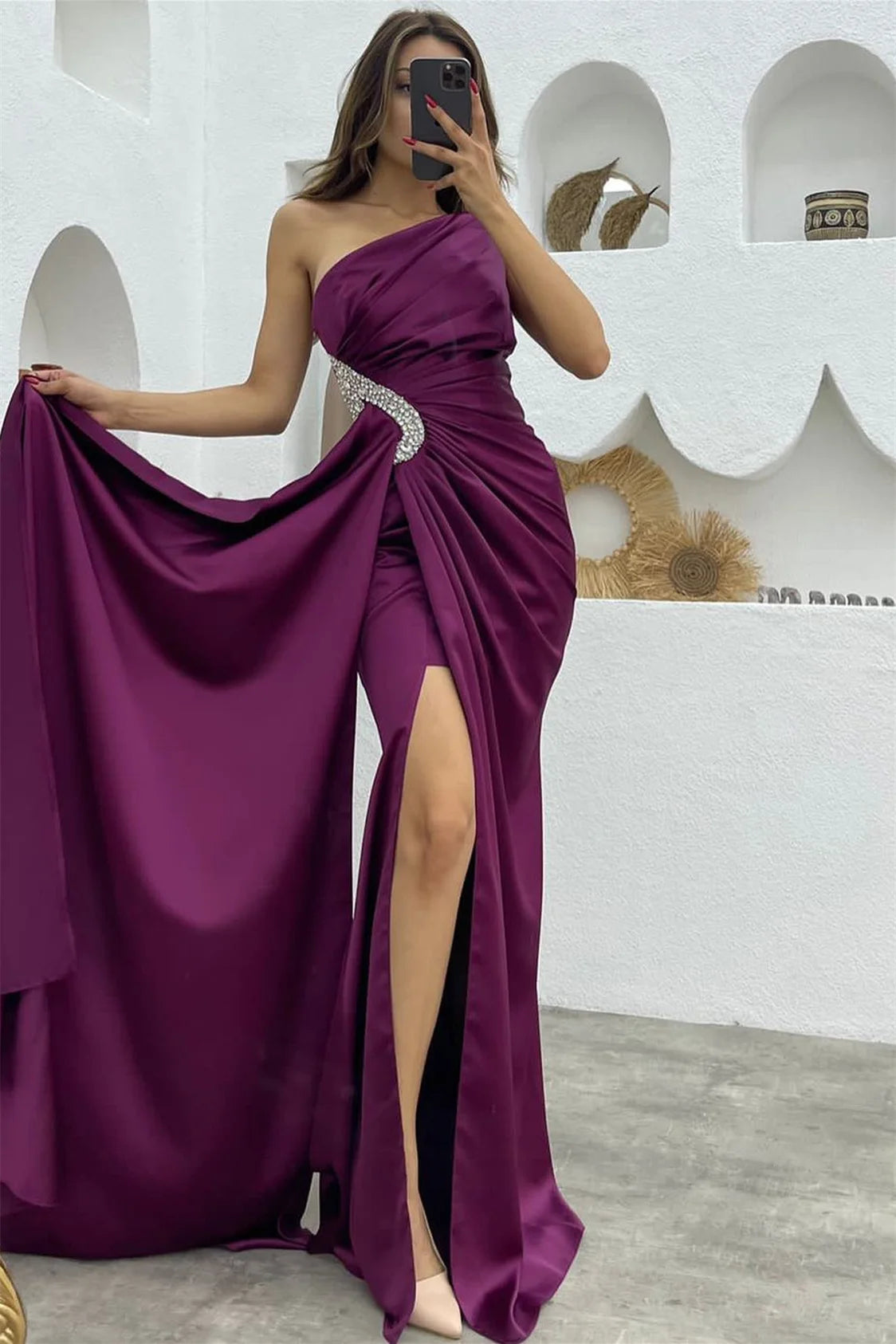Black Sleeveless One Shoulder Long Split Pleated Prom Dress With Rhinestone
