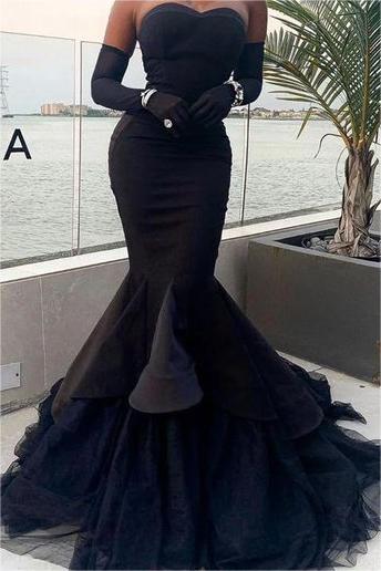 Black Strapless Tulle Long Mermaid Prom Dress Waist Skimming With Gloves