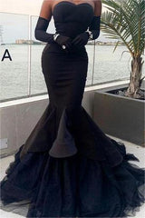 Black Strapless Tulle Long Mermaid Prom Dress Waist Skimming With Gloves