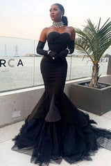 Black Strapless Tulle Mermaid Prom Dress Waist Skimming With Gloves