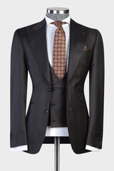 Black Stripe Peaked Lapel Three Pieces Business Men Suits