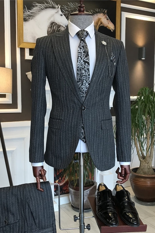 Striped Peaked Lapel Black Business Suits For Men