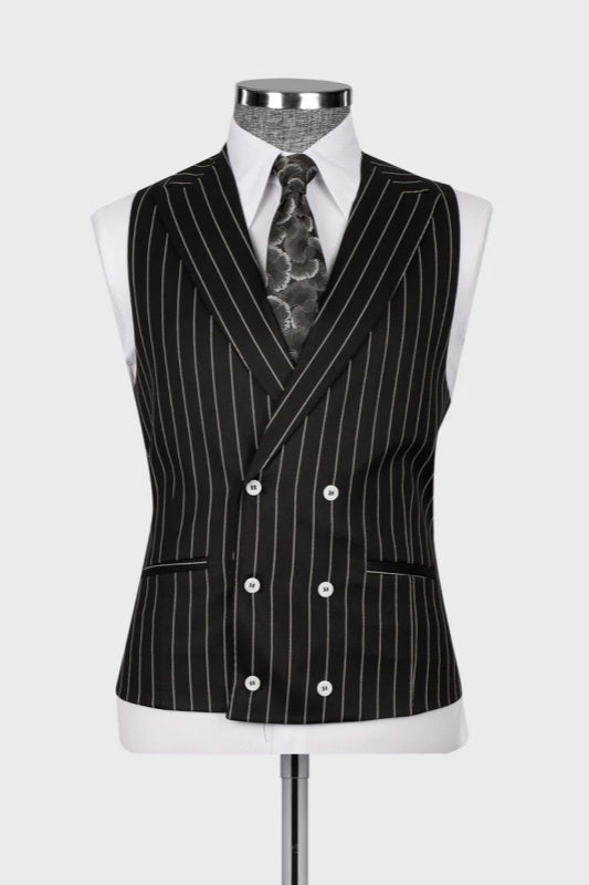 Black Striped Peaked Lapel Three Pieces Business Men Suits