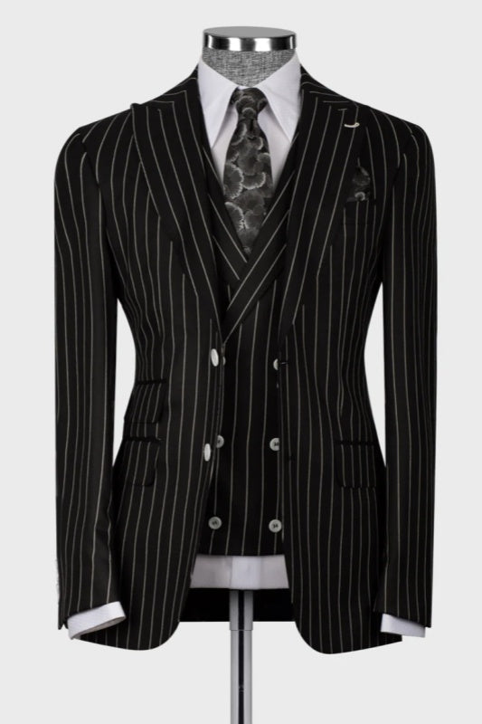 Black Striped Peaked Lapel Three Pieces Business Men Suits