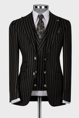 Black Striped Peaked Lapel Three Pieces Business Men Suits