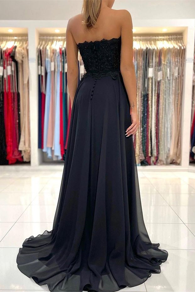 Black Sweetheart Strapless Sleeveless Split Long Prom Dress With Appliques