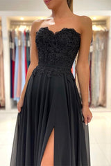Black Sweetheart Strapless Sleeveless Split Long Prom Dress With Appliques