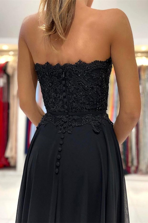 Black Sweetheart Strapless Sleeveless Split Long Prom Dress With Appliques