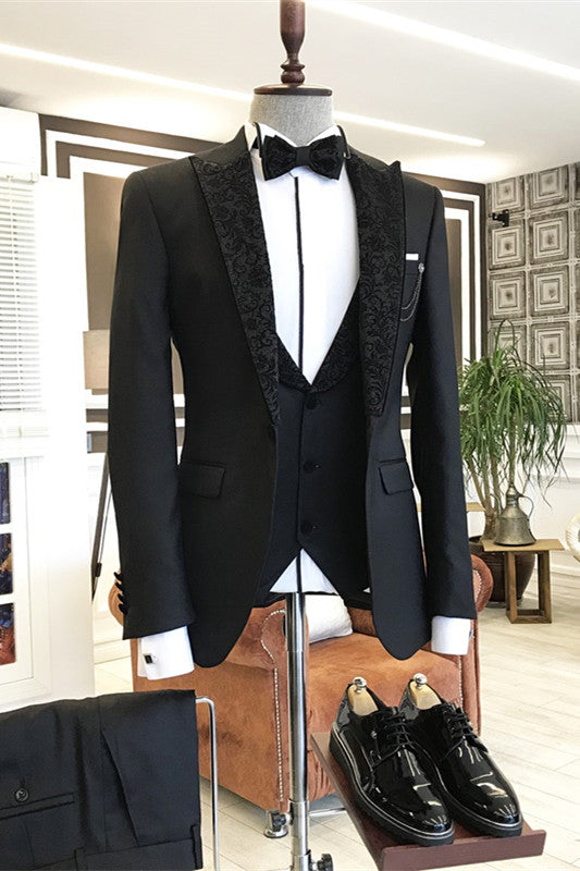 Three Pieces Black Wedding Suits With Jacquard Peaked Lapel