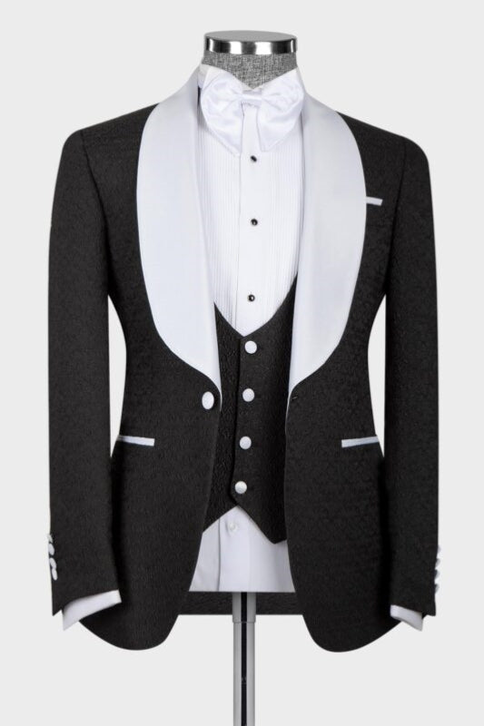 Three Pieces Black Wedding Suits With White Shawl Lapel