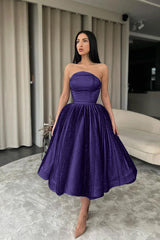 Black Tulle Strapless Sleeveless Tea Length A Line Prom Dress