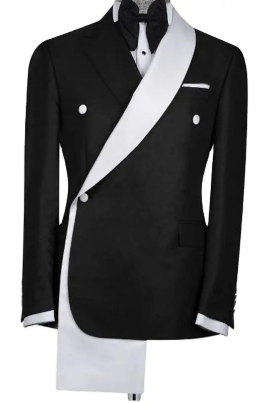 Two Pieces Bespoke Black Wedding Suits With White Shawl Lapel