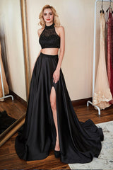 Black Two Pieces High Neck Sleeveless Long Prom Dress Split With Beadings
