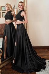 Black Two Pieces High Neck Sleeveless Long Prom Dress Split With Beadings