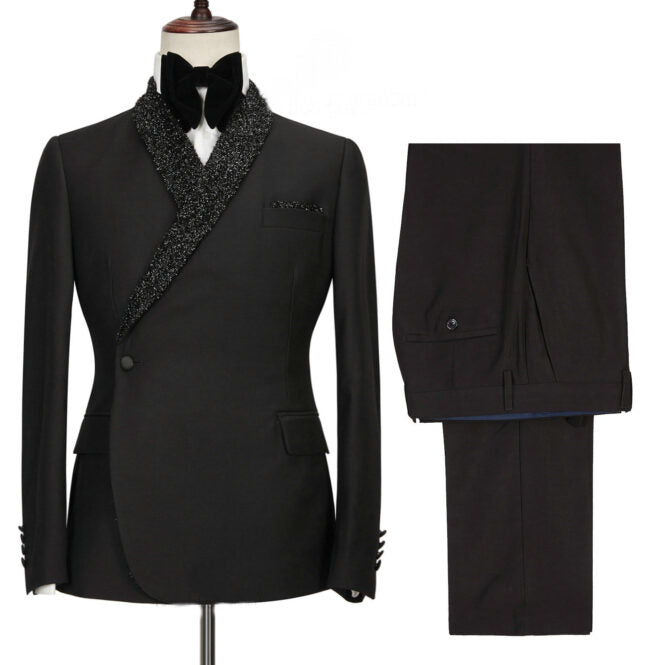 Two Pieces Black Wedding Suits With Sequins Shawl Lapel
