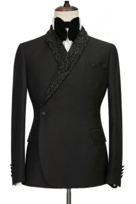 Two Pieces Black Wedding Suits With Sequins Shawl Lapel