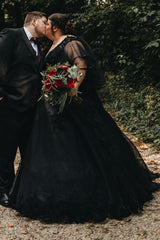 27DRESS Black V-neck Half Sleeves Plus Size A-line Wedding Dresses