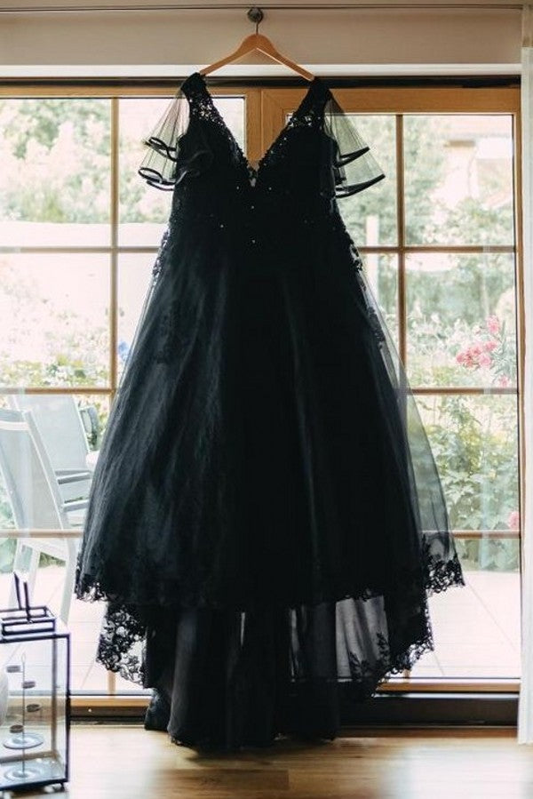 27DRESS Black V-neck Half Sleeves Plus Size A-line Wedding Dresses
