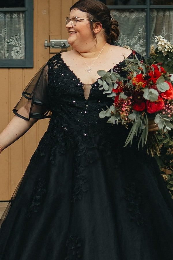 27DRESS Black V-neck Half Sleeves Plus Size A-line Wedding Dresses