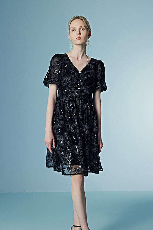 27Dress Black V-neck Short Sleeves Short Sequined Dresses