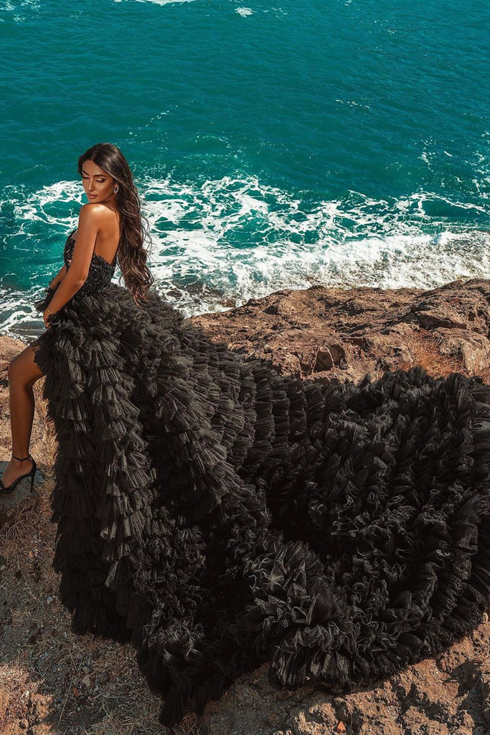 Black V-neck Sleeveless Tulle High Low Wedding Dresses with Beading-27dress