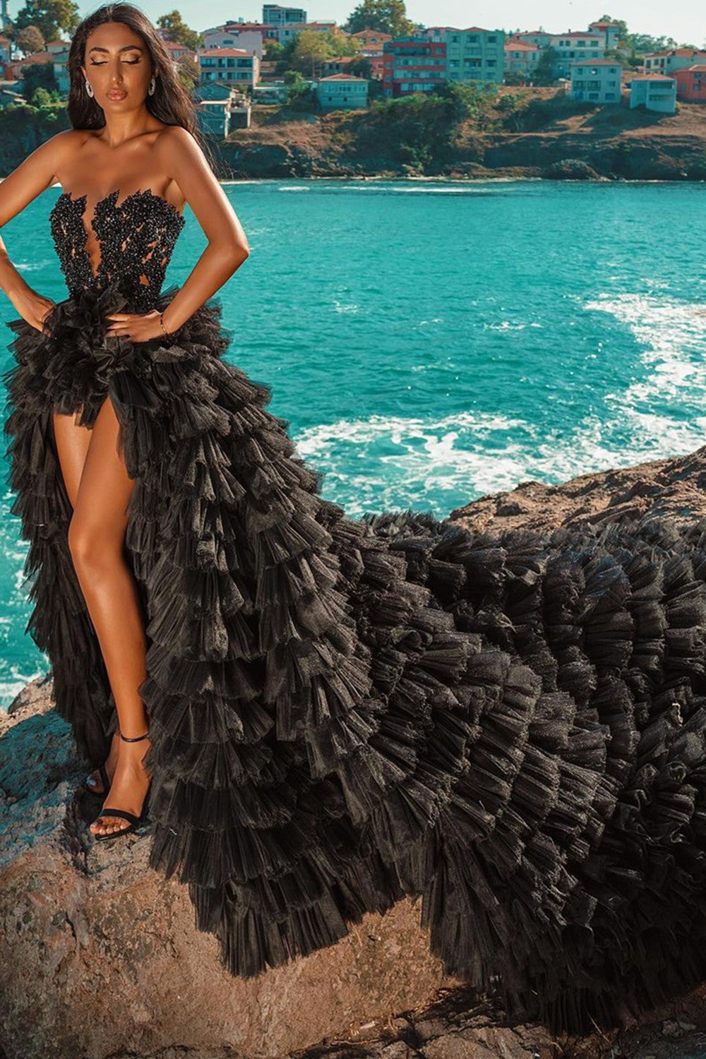 Black V-neck Sleeveless Tulle High Low Wedding Dresses with Beading-27dress