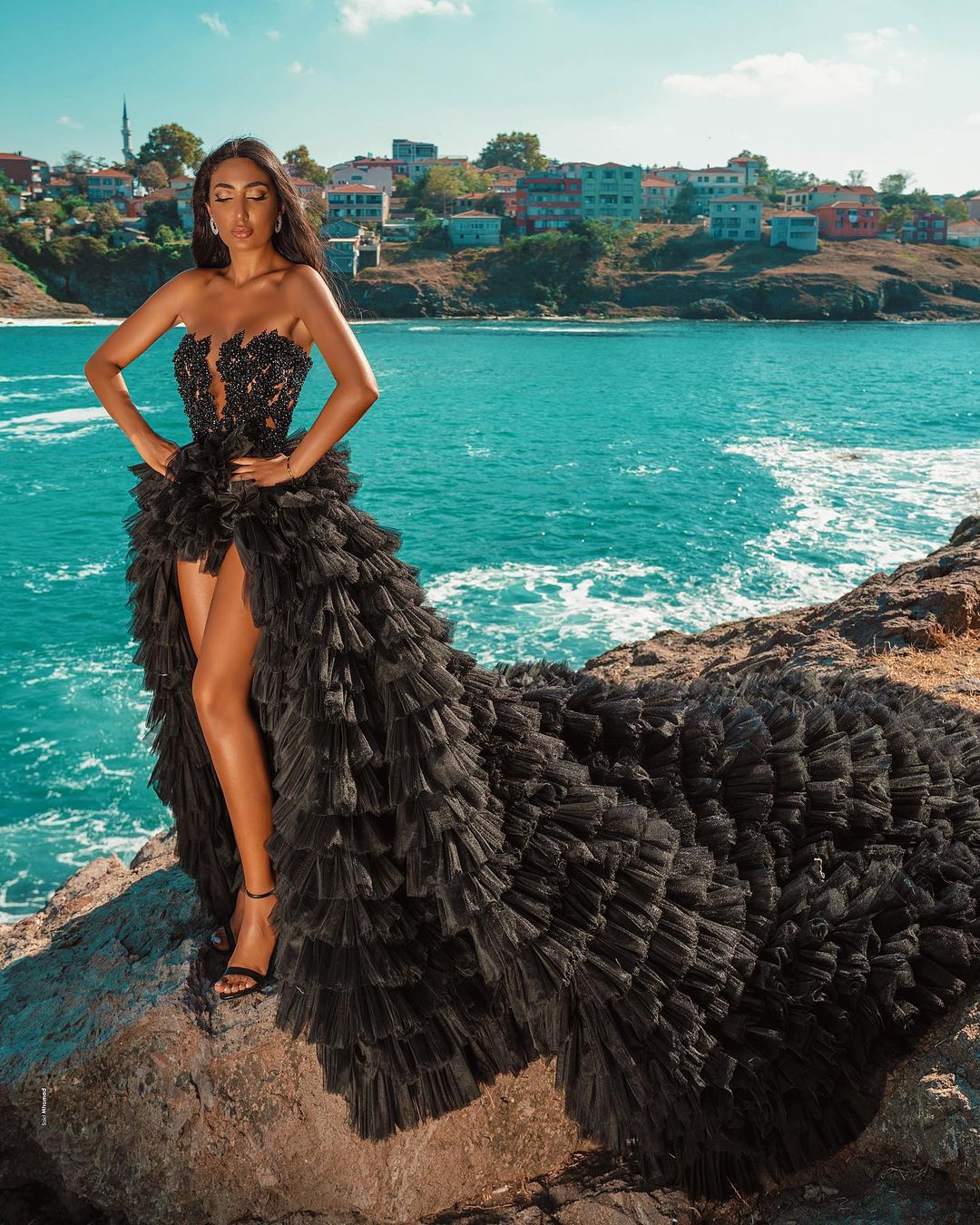 black high low wedding dresses High-Low Side-Slit Long Taffeta Wedding-Guest Dress Black / 00