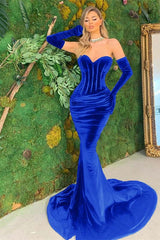 Black Velvet Sweetheart Strapless Long Mermaid Prom Dress With Long Gloves