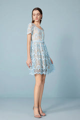 27Dress Blue Crew Neck Short Sleeves Lace Dress