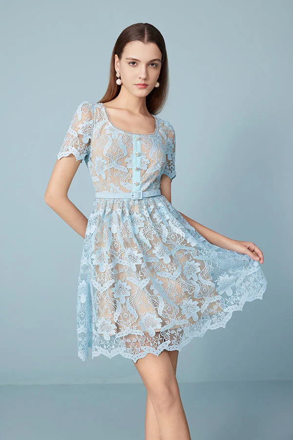 27Dress Blue Crew Neck Short Sleeves Lace Dress