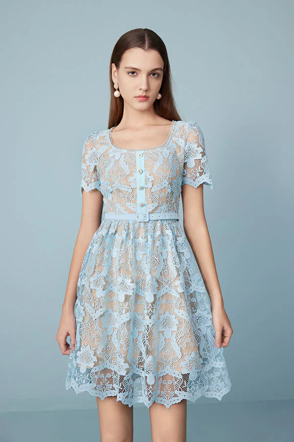 27Dress Blue Crew Neck Short Sleeves Lace Dress