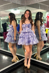 Blue Halter A Line Tiered Floral Printed Homecoming Dress