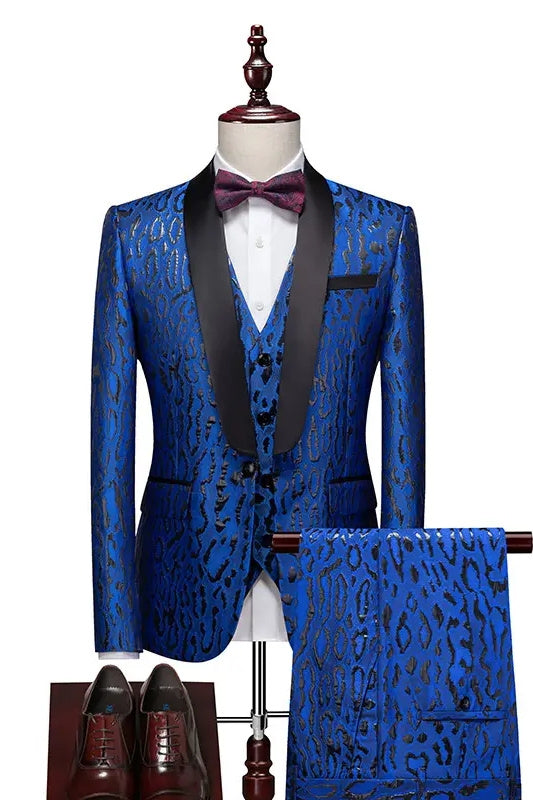 Jacquard Shawl Lapel Three Pieces Slim Fit Blue Wedding Suits