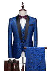 Jacquard Shawl Lapel Three Pieces Slim Fit Blue Wedding Suits