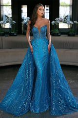 Blue Mermaid Sleeveless Prom Dress Tulle Ruffles With Appliques