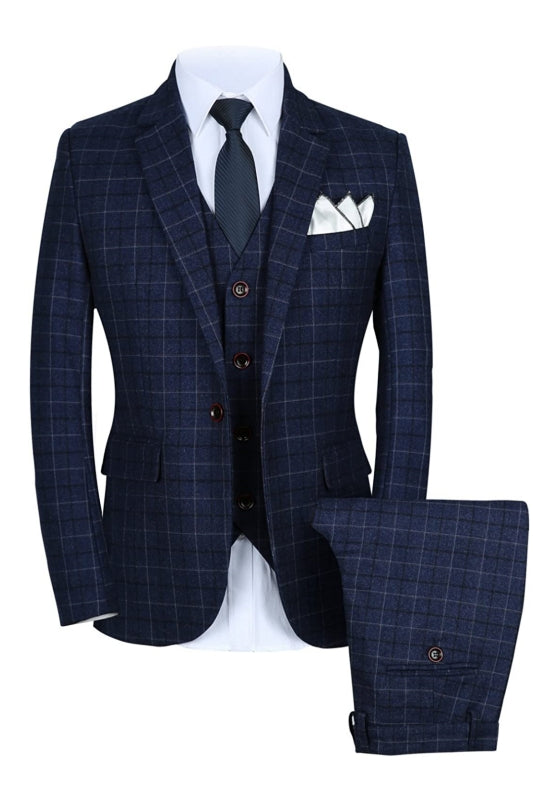 Notched Lapel Three Pieces Plaid Men Blue Wedding Suits
