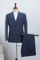 Blue Peaked Lapel Double Breasted Business Suit For Men