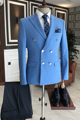 Peaked Lapel Double Breasted Fashion Blue Prom Suits